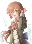  1girl :d aono_(aonocrotowa) armband back_bow bangs blue_bow bow brown_hair collared_shirt eiyuu_densetsu eyebrows_visible_through_hair floating_hair green_eyes green_jacket hair_between_eyes hand_in_hair jacket long_hair long_sleeves looking_at_viewer open_mouth sen_no_kiseki shirt simple_background smile solo towa_herschel upper_body very_long_hair white_background wing_collar 