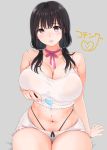 1girl bangs black_hair blush breasts brown_eyes choker cleavage food highleg highres ice_cream kotengu large_breasts long_hair looking_at_viewer low_twintails navel open_mouth original ribbon_choker see-through_silhouette short_shorts shorts simple_background solo strap_slip twintails 