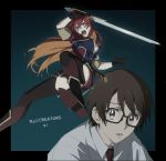  1boy 1girl black-framed_eyewear black_gloves black_legwear black_neckwear blue_eyes braid breasts brown_hair cleavage collared_shirt copyright_name dress floating_hair garter_straps glasses gloves hair_between_eyes highres holding holding_sword holding_weapon long_hair medium_breasts mizushino_souta mosako multicolored_hair necktie open_mouth re:creators red_hair selesia_upitiria semi-rimless_eyewear shirt short_dress single_braid sword thighhighs two-tone_hair under-rim_eyewear very_long_hair weapon white_shirt wing_collar 