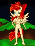  absurd_res anthro at blossomblaze blue_eyes bow chested equid equine fan_character female flat_(disambiguation) flat_chested grass hair hi_res invalid_background lewd_(disambiguation) mammal night nipples nude orange_hair pose pussy red_hair resolution short standing viewer wings young 