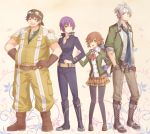  2boys 2girls :d angelica_rogner aono_(aonocrotowa) armband ascot baseball_cap belt black_legwear blue_neckwear boots brown_belt brown_eyes brown_footwear brown_hair brown_headwear brown_pants brown_skirt closed_mouth collarbone collared_shirt crow_armbrust eiyuu_densetsu full_body george_nome_(eiyuu_densetsu) green_eyes green_jacket green_shirt grey_shirt hand_in_pocket hand_on_another&#039;s_shoulder hat jacket loafers long_hair long_sleeves miniskirt multiple_boys multiple_girls necktie open_clothes open_jacket open_mouth pants pantyhose plaid plaid_skirt pleated_skirt purple_hair purple_jacket purple_pants red_eyes red_neckwear school_uniform sen_no_kiseki shiny shiny_hair shirt shoes short_hair short_sleeves silver_hair skirt smile striped striped_shirt towa_herschel vertical-striped_shirt vertical_stripes very_long_hair white_background wing_collar yellow_jacket 