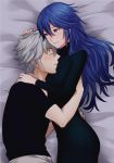  1boy 1girl ameno_(a_meno0) bangs bed_sheet black_bodysuit black_shirt blue_eyes blue_hair blush bodysuit breasts closed_eyes closed_mouth couple eyebrows_visible_through_hair fire_emblem fire_emblem_awakening from_above grey_hair hair_between_eyes hug long_hair lucina_(fire_emblem) robin_(fire_emblem) robin_(fire_emblem)_(male) shiny shiny_hair shirt short_hair sidelocks small_breasts turtleneck upper_body 