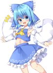  1girl :d adapted_costume blue_eyes blue_hair blue_ribbon blue_shirt blue_skirt bow cirno cosplay detached_sleeves fang hair_bow hair_ornament hakurei_reimu hakurei_reimu_(cosplay) highres ice ice_wings japanese_clothes kuraaken miko nontraditional_miko open_mouth ribbon shirt skirt smile touhou wide_sleeves wings 