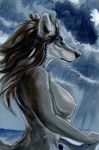  2019 anthro auya big_breasts breasts brown_hair cadmiumtea canid canine canis chest_tuft cloud female green_eyes hair long_hair mammal nipples nude outside raining sea solo standing storm traditional_media_(artwork) tuft water wolf 