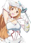  1girl :d armpits asuna_(sao) breasts brown_eyes brown_hair cleavage eyebrows_visible_through_hair gloves holding holding_sword holding_weapon long_hair looking_at_viewer medium_breasts open_mouth simple_background smile solo sword sword_art_online umanosuke weapon white_background white_gloves 