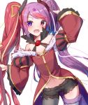  1girl :d arm_up asymmetrical_clothes bare_shoulders cowboy_shot frills hair_ornament hairclip heterochromia juliet_sleeves long_hair long_sleeves looking_at_viewer multicolored_hair navel off-shoulder_shirt off_shoulder open_mouth princess_connect! princess_connect!_re:dive puffy_sleeves purple_eyes purple_hair red_eyes red_hair red_shirt shirt simple_background single_pantsleg single_thighhigh smile solo standing stomach tailcoat tamaizumi_misaki tenrai thighhighs twintails two-tone_hair very_long_hair white_background wide_sleeves 