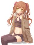  1girl aono_(aonocrotowa) bangs black_footwear black_shorts boots brown_coat brown_hair closed_mouth coat collar collarbone crop_top eiyuu_densetsu eyebrows_visible_through_hair flat_chest floating_hair full_body fur-trimmed_coat fur_trim green_eyes hair_between_eyes hair_ribbon head_tilt invisible_chair long_hair long_sleeves looking_at_viewer midriff navel open_clothes open_coat red_ribbon ribbon sen_no_kiseki shiny shiny_hair short_shorts shorts simple_background sitting smile solo stomach suspender_boots thigh_boots thighhighs towa_herschel very_long_hair white_background zettai_ryouiki 