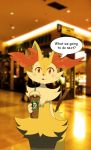  2013 anthro beverage biped blush braixen canid canine coffee comic_sans dialogue digital_media_(artwork) english_text female food front_view fur hi_res inner_ear_fluff looking_at_viewer mammal multicolored_body multicolored_fur nintendo pok&eacute;mon pok&eacute;mon_(species) red_eyes simple_background solo speech_bubble standing stick text tuft video_games winick-lim 