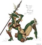  anthro breasts dialogue female melee_weapon polearm reptile reptilian_orbit scalie seductive small_breasts solo spear spread_legs spreading thick_thighs weapon 