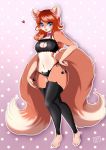  &lt;3 2016 2_tails anglish anthro barefoot blue_eyes breasts canid canine clothing female fox fur hair legwear mammal multi_tail navel pattern_background red_hair simple_background smile solo tan_body tan_fur thigh_highs underwear wide_hips 