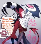  &lt;3 anthro avian bird blitzo_(vivzmind) blush clothed clothing demon duo english_text feathers helluva_boss horn hug looking_pleasured male male/male owl red_eyes romantic_couple simple_background smile speech_bubble stolas_(vivzmind) text watermark white_background 