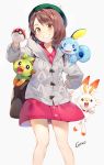  1girl artist_name bag bangs bare_legs blush bob_cut brown_bag brown_eyes brown_hair buttons cardigan clenched_teeth collared_dress commentary_request dot_nose dress eyebrows_visible_through_hair eyelashes feet_out_of_frame gen_8_pokemon gilse green_headwear grey_cardigan grookey hand_on_hip happy hat head_tilt holding holding_poke_ball jumping legs_apart long_sleeves looking_at_viewer pink_dress poke_ball poke_ball_(generic) pokemon pokemon_(creature) pokemon_(game) pokemon_in_bag pokemon_on_shoulder pokemon_swsh pom_pom_(clothes) scorbunny shiny shiny_hair short_dress short_hair shoulder_bag simple_background smile sobble solo standing straight_hair tam_o&#039;_shanter teeth white_background yuuri_(pokemon) 