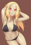  1girl absurdres armpits arms_up bikini black_bikini blonde_hair breasts brown_background closed_mouth collarbone dark_skin english_commentary forehead gravity_daze hands_on_own_head highres kitten_(gravity_daze) long_hair looking_at_viewer medium_breasts navel nickleflick red_eyes shiny shiny_hair shiny_skin sidelocks simple_background solo string_bikini swimsuit 