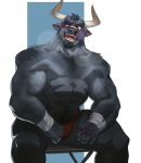 2019 anthro biceps black_eye_(disambiguation) body_hair bovid bovine bruised cattle clothing curtis_wuedti facial_hair goatee hair happy_trail horn male mammal muscular muscular_male navel pecs sitting smile solo underwear wounded 
