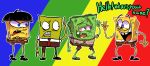  asian black_hair bloodshot_eyes blue_background blue_eyes chinese english_text ezstrongs freckles green_background green_body green_skin hair hi_res male marine necktie nickelodeon oney_cartoons parody rainbow_background red_background sea_sponge simple_background spongebob_in_china spongebob_squarepants spongebob_squarepants_(character) spongebob_stickpants spongebong_hemppants text vh1_ill-ustrated yellow_background yellow_body yellow_skin 