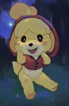  2019 animal_crossing black_eyes blonde_hair blush blush_stickers bottomless breasts buckteeth canid canine canis chibi clothed clothing digital_media_(artwork) domestic_dog featureless_crotch female fur hair inkune isabelle_(animal_crossing) looking_at_viewer mammal nintendo open_mouth outside pawpads paws rain_coat raining red_clothing red_topwear shih_tzu small_breasts smile solo teeth topwear toy_dog video_games yellow_body 