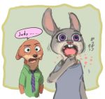  ... anthro border brown_body brown_fur buckteeth canid canine clothed clothing dialogue disney duo eating english_text food fox fur green_eyes grey_body grey_fur hasegawa-yu holding_food holding_object japanese_text judy_hopps lagomorph leporid mammal necktie nick_wilde open_mouth pink_nose popsicle purple_eyes rabbit red_fox shirt shocked speech_bubble t-shirt tan_body tan_fur teeth text topwear white_border zootopia 