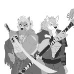  1:1 2019 5_fingers absurd_res anthro body_hair canid canine canis chest_hair clothed clothing duo fingers fur greyscale hi_res holding_katana holding_mace holding_object holding_sword holding_weapon humanoid_hands iroh_art katana law_(sdorica_sunset) mace male mammal melee_weapon monochrome morihiko multicolored_body multicolored_fur muscular muscular_male scar sdorica sdorica_sunset simple_background sword two_tone_body two_tone_fur weapon white_background wolf 