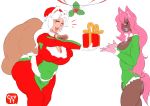  2019 animal_humanoid anthro belly big_breasts blue_tongue blush breasts bulge butt canid canid_humanoid canine canine_humanoid canis cev cev_rosa christmas clothed clothing dark_skin digital_media_(artwork) domestic_dog duo eyes_closed eyeshadow female fingers gift girly glitter gloves gynomorph hair handwear hat headgear headwear hi_res holidays humanoid intersex lipstick long_hair makeup mammal mammal_humanoid not_furry open_mouth pink_hair santa_hat simple_background smile teeth tongue white_hair 