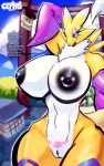  absurd_res anthro bedroom_eyes big_breasts biped black_lipstick black_nipples black_sclera blue_eyes blush breasts canid canine cephei chest_tuft clothing curvy_figure detailed_background dialogue digimon digimon_(species) english_text eyelashes eyeshadow facial_markings female fur genital_piercing half-closed_eyes hands_behind_head head_markings hi_res huge_breasts lips lipstick looking_at_viewer lust makeup mammal markings mostly_nude narrowed_eyes naughty_face nipple_piercing nipples nude piercing pubic_tattoo purple_eyeshadow pussy pussy_piercing renamon seductive small_head small_waist smile solo talking_to_viewer tattoo text thick_bottom_lip thick_thighs torii tuft voluptuous white_body white_fur wide_hips yellow_body yellow_fur 