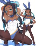  1girl animal_ears arm_up arms_behind_head arms_up black_hair blue_eyes blue_footwear blue_hair blue_neckwear blush bow bowtie breasts brown_legwear bunny_ears bunny_girl bunnysuit collar colored_shadow commentary_request dark_skin detached_collar forehead garoudo_(kadouhan&#039;i) gloves hand_on_hip high_heels leotard long_hair multicolored_hair multiple_views pantyhose parted_lips pokemon pokemon_(game) pokemon_swsh rurina_(pokemon) shadow shoes small_breasts spread_legs squatting standing strapless strapless_leotard two-tone_hair very_long_hair white_background white_collar white_gloves white_leotard wing_collar 