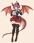  1girl absurdres bandaged_arm bandages bikini_skirt blue_bikini_top brown_wings center_frills dragon_girl dragon_horns dragon_tail dragon_wings frilled_shirt frills granblue_fantasy grea_(shingeki_no_bahamut) hair_ornament highres horns plaid plaid_skirt pointy_ears purple_hair red_skirt sakogamitokuan shadowverse shirt skirt tail wings 