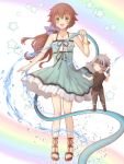  1girl :d aono_(aonocrotowa) aqua_dress bangs blue_bow bow bracelet brown_hair crow_armbrust dress eiyuu_densetsu floating_hair full_body green_eyes hair_between_eyes hair_bow holding_hose hose jewelry layered_dress long_hair open_mouth ponytail sen_no_kiseki short_dress sleeveless sleeveless_dress smile solo standing towa_herschel very_long_hair water 