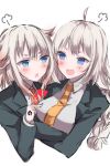  2girls :p =3 ahoge anger_vein black_jacket blue_eyes blush braid breast_envy breast_hold breast_poke breasts cevio commentary crossed_arms grey_shirt ia_(vocaloid) jacket long_hair looking_at_another medium_hair multiple_girls necktie one_(cevio) open_mouth orange_neckwear platinum_blonde_hair poking red_neckwear school_uniform shirt smile sotsunaku suit_jacket tongue tongue_out upper_body v-shaped_eyebrows vocaloid 
