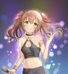  1girl aono_(aonocrotowa) armlet bangs breasts brown_hair cleavage closed_mouth collar collarbone crop_top eiyuu_densetsu eyebrows_visible_through_hair floating_hair green_eyes hair_between_eyes hair_ribbon head_tilt holding holding_microphone idol lens_flare long_hair microphone midriff navel red_ribbon ribbon sen_no_kiseki shiny shiny_hair sleeveless small_breasts smile solo stomach towa_herschel twintails 