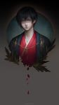  1boy artist_name black_background black_hair blood circle commission earrings fantasy felice haori highres japanese_clothes jewelry kimono looking_at_viewer male_focus original petals portrait purple_eyes realistic red_kimono short_hair solo 