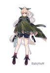  1girl absurdres artist_name black_shorts blonde_hair blue_earrings cape clothing_request dual_wielding full_body green_cape gun highres holding kingzhizhu long_hair looking_at_viewer original ponytail red_eyes shorts simple_background socks solo standing weapon white_background 