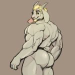  2019 anthro back_muscles beard big_muscles blonde_hair bovid butt caprine facial_hair fur goat hair horn looking_at_viewer male mammal muscular muscular_male oldshep simple_background solo standing underwear_only white_body white_fur white_horn yellow_eyes 