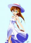 1girl 2018 :d arms_behind_back blue_background breasts brown_hair character_request collarbone dated dress floating_hair green_eyes hair_between_eyes hands_together hat interlocked_fingers leaning_back long_hair open_mouth precure see-through_silhouette shiny shiny_hair signature sleeveless sleeveless_dress small_breasts smile solo standing sun_hat sundress tomo5656ky white_dress white_headwear 
