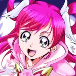  1girl :d collarbone cure_happy long_hair looking_at_viewer open_mouth pink_hair portrait precure red_eyes shiny shiny_hair signature smile smile_precure! solo tomo5656ky 