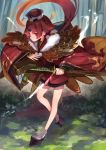  1girl absurdres armor bangs benienma_(fate/grand_order) blunt_bangs cape closed_mouth commentary_request eyes_visible_through_hair fate/grand_order fate_(series) feather_trim forest full_body fur-trimmed_cape fur_trim hat highres holding holding_sheath japanese_armor japanese_clothes katana kimono kote long_sleeves looking_at_viewer low_ponytail nature obi outdoors rahanachi red_eyes red_hair red_kimono sash sheath sheathed short_kimono standing sword tabi tied_hair weapon wide_sleeves zouri 