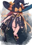  1girl abigail_williams_(fate/grand_order) asymmetrical_legwear black_legwear black_panties blonde_hair bow breasts closed_mouth commentary_request dutch_angle fate/grand_order fate_(series) from_above hat hat_bow hat_over_one_eye highres key long_hair looking_at_viewer panties rahanachi red_eyes revealing_clothes small_breasts solo standing stuffed_animal stuffed_toy teddy_bear underwear witch_hat 