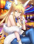  ahoge animal_ears artoria_pendragon_(all) artoria_pendragon_(swimsuit_ruler)_(fate) bare_shoulders blonde_hair blue_legwear blue_neckwear braid breasts bunny_ears bunnysuit card casino cleavage closed_mouth crossed_legs detached_collar fate/grand_order fate_(series) feather_boa fishnet_legwear fishnets french_braid green_eyes hair_between_eyes highleg highleg_leotard leotard navel_cutout necktie playing_card poker_chip ponytail shiguru sidelocks sitting smile television thighs white_leotard wrist_cuffs 