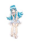  1girl adapted_costume bangs barefoot between_legs blue_eyes blue_hair blue_shirt blue_skirt closed_mouth cosplay cure_princess cure_princess_(cosplay) eyebrows_visible_through_hair floating_hair full_body hand_between_legs happinesscharge_precure! long_hair miniskirt niita pleated_skirt precure shiny shiny_hair shirayuki_hime shirt simple_background sitting sketch skirt sleeveless sleeveless_shirt smile soles solo very_long_hair white_background 