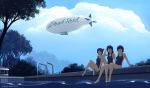  3girls aircraft artist_name black_hair blue_eyes cloud cloudy_sky competition_swimsuit dead-robot dirigible green_eyes multiple_girls one-piece_swimsuit original outdoors pool short_hair sitting sky swimsuit tied_hair tree water yellow_eyes 