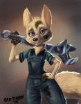  2018 anthro arctic_fox black_nose blue_eyes canid canine cheek_tuft clothed clothing dirty disney facial_tuft fluffy fluffy_tail fox fully_clothed fur hand_on_hip head_tuft holding_object holding_tool looking_at_viewer mammal neck_tuft oak-thorn overalls shirt simple_background skye_(zootopia) smile solo tools topwear tuft white_body white_fur wrench zootopia 