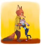  anthro barefoot blush border bottomwear canid canine clothed clothing dipstick_tail disney duo eyes_closed fox fully_clothed fur grey_body grey_fur hug judy_hopps lagomorph leporid mammal micheong multicolored_tail necktie nick_wilde orange_body orange_fur pants police_uniform rabbit red_fox shirt side_view simple_background smile standing topwear uniform white_border yellow_background zootopia 