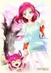  2girls :d akimoto_komachi arms_up artist_name bag blue_shirt cherry_blossoms child closed_eyes collarbone day hair_ornament hairclip holding holding_bag holding_hands long_hair long_skirt long_sleeves mother_and_daughter multiple_girls open_mouth outdoors pink_eyes precure red_hair shiny shiny_hair shirt skirt smile tomo5656ky twitter_username white_skirt yes!_precure_5 