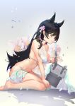  1girl animal_ears atago_(azur_lane) atago_(midsummer_march)_(azur_lane) azur_lane bangs bikini black_hair blush breasts chinese_commentary cleavage commentary_request confetti flower from_side hair_flower hair_ornament hair_ribbon highres huanyan kneeling large_breasts leaning_forward long_hair looking_at_viewer navel ribbon rigging seiza sitting solo stomach swimsuit tongue tongue_out white_bikini wolf_ears yellow_eyes 