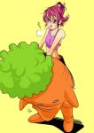  1girl aino_megumi bow carrot collarbone costume crop_top full_body hair_bow happinesscharge_precure! midriff pink_bow precure red_hair shiny shiny_hair short_hair short_ponytail simple_background solo standing stomach sweatdrop tied_hair tomo5656ky yellow_background 