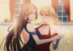  backless_dress backless_outfit bangs blonde_hair blue_dress blurry blurry_background blush breasts brown_eyes brown_hair chihuri choker cleavage closed_mouth collarbone curtains dancing depth_of_field dress earrings eyebrows_visible_through_hair glint granblue_fantasy hair_between_eyes holding_hands indoors jewelry katalina_aryze long_hair medium_breasts parted_lips red_choker red_dress red_eyes sleeveless sleeveless_dress smile upper_body very_long_hair vira_lilie window 