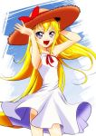  1girl :d bangs blonde_hair blue_eyes bow brown_headwear collarbone cowboy_shot dokidoki!_precure dress floating_hair hands_on_headwear hat hat_bow long_hair neck_ribbon open_mouth precure red_bow red_ribbon regina_(dokidoki!_precure) ribbon shiny shiny_hair sleeveless sleeveless_dress smile solo standing straw_hat sun_hat sundress tomo5656ky very_long_hair white_background white_dress 