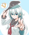  1girl anchor_symbol badge black_sailor_collar blue_background blue_eyes flat_cap foreshortening hat hat_tip hibiki_(kantai_collection) highres horosho kantai_collection long_hair looking_at_viewer myht neckerchief red_neckwear sailor_collar school_uniform serafuku silver_hair smile solo two-tone_background upper_body v white_background 