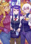  3girls ahoge alcohol alma_armas artist_request bartender blonde_hair breasts cocktail_glass cocktail_shaker commentary_request cup dana_zane denim drinking_glass glass glasses ice ice_cube jeans jill_stingray large_breasts multiple_girls necktie pants purple_hair red_eyes sweater tongs va-11_hall-a white_hair yellow_eyes 