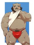  2019 anthro asian_clothing belly blush bodily_fluids bulge clothing cute_fangs east_asian_clothing facial_hair fundoshi japanese_clothing jumperbear love_mechanic male mammal mustache navel overweight overweight_male pubes shirt solo sweat tom_(lm) topwear underwear ursid 