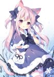  1girl animal_ear_fluff animal_ears azur_lane bag bow capelet cat_ears cat_tail commentary_request dress fur_trim gloves hair_bow hand_to_own_mouth kisaragi_(azur_lane) long_hair open_mouth outdoors pantyhose pink_eyes pink_hair purple_capelet purple_dress ribbon smile snow snowflakes solo striped striped_legwear tail tree tsukimi_(xiaohuasan) two_side_up white_gloves 